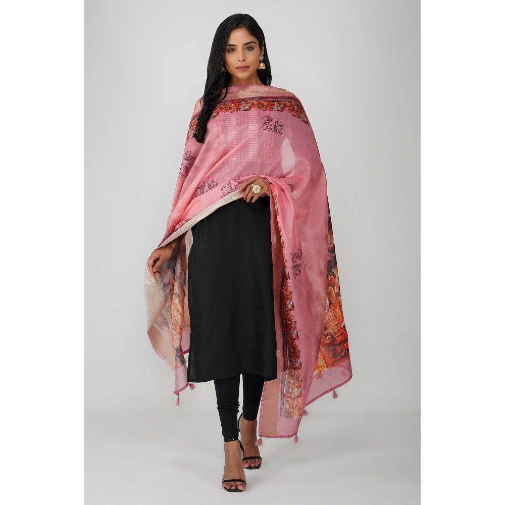Zal from Benaras Kashi Ghat Printed Pink Pure Silk Banarasi Handloom Dupatta