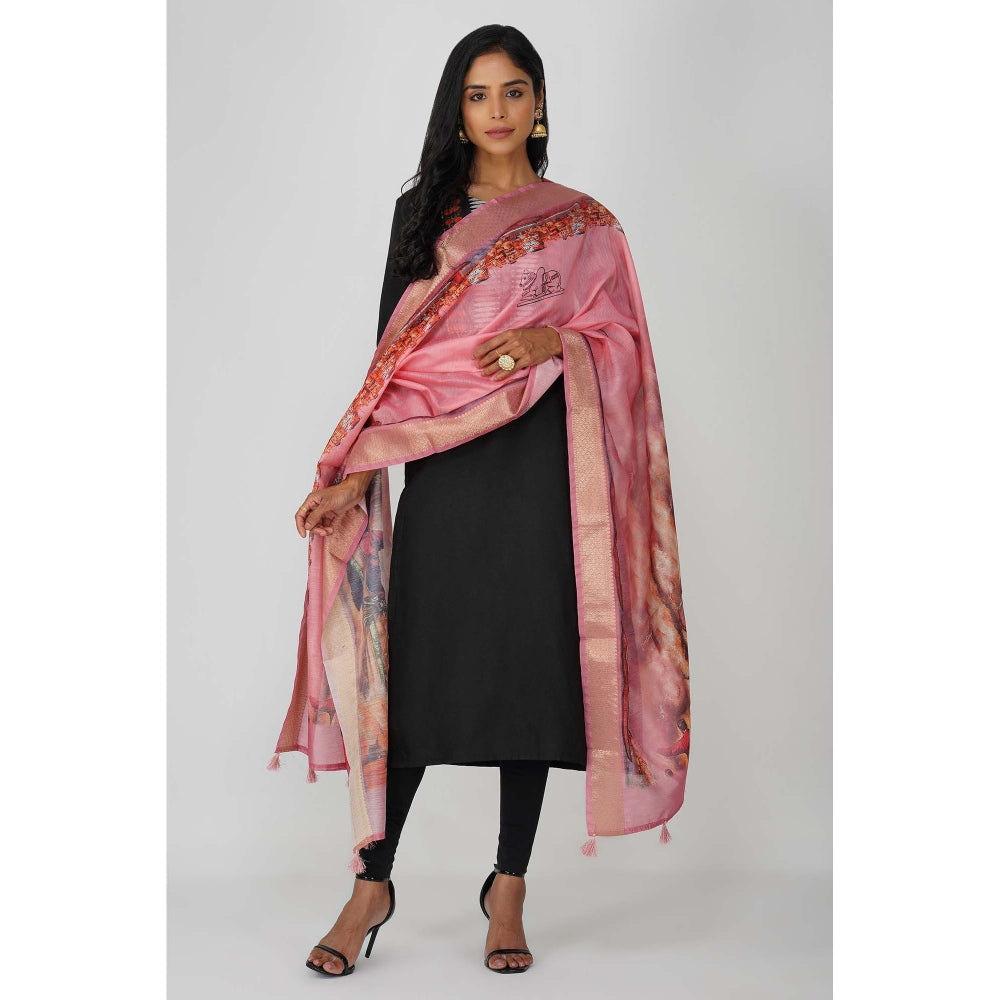 Zal from Benaras Kashi Ghat Printed Pink Pure Silk Banarasi Handloom Dupatta