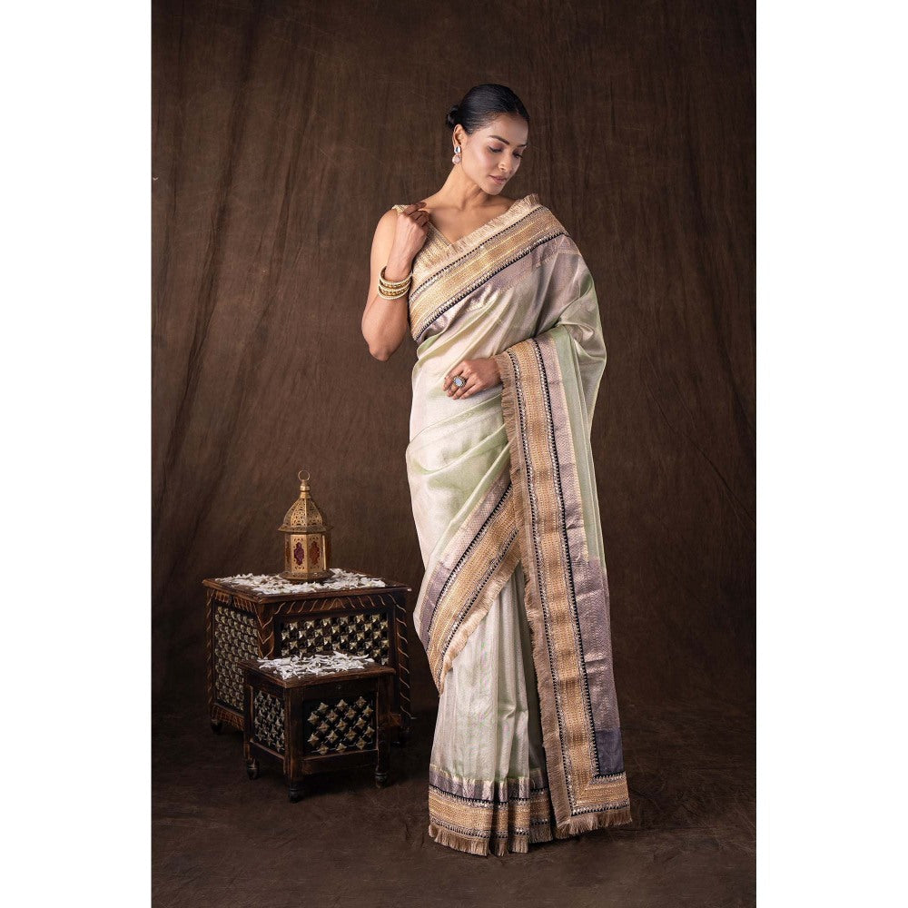 Zal from Benaras Pastel Green Pure Tissue Silk Banarasi Handwork Saree without Blouse