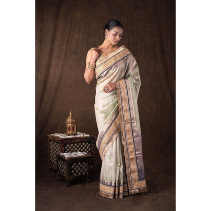 Zal from Benaras Pastel Green Pure Tissue Silk Banarasi Handwork Saree without Blouse