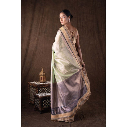 Zal from Benaras Pastel Green Pure Tissue Silk Banarasi Handwork Saree without Blouse