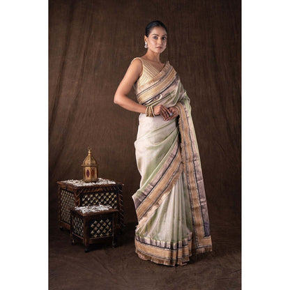 Zal from Benaras Pastel Green Pure Tissue Silk Banarasi Handwork Saree without Blouse