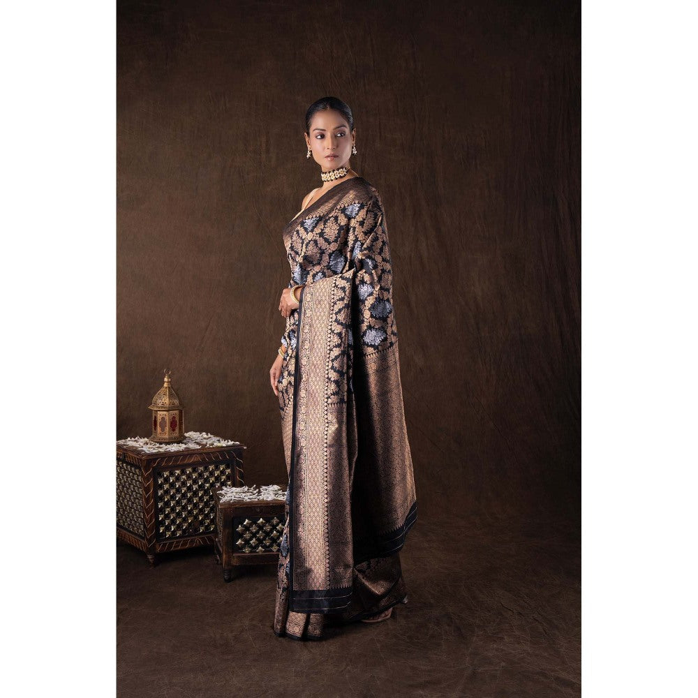 Zal from Benaras Black Pure Katan Silk Banarasi Handloom Saree without Blouse