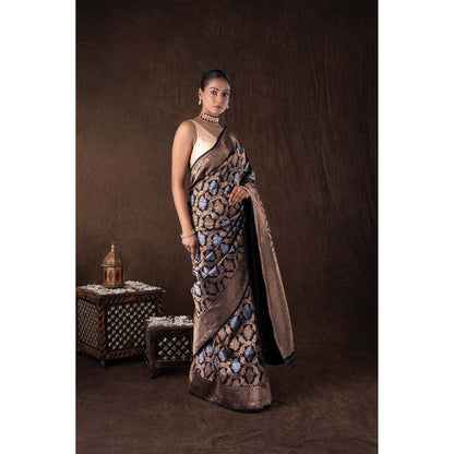 Zal from Benaras Black Pure Katan Silk Banarasi Handloom Saree without Blouse
