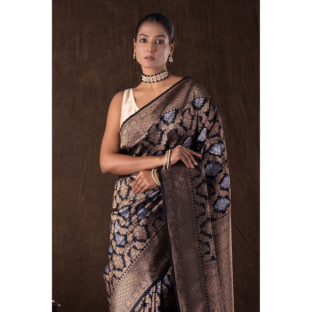 Zal from Benaras Black Pure Katan Silk Banarasi Handloom Saree without Blouse