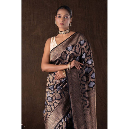 Zal from Benaras Black Pure Katan Silk Banarasi Handloom Saree without Blouse