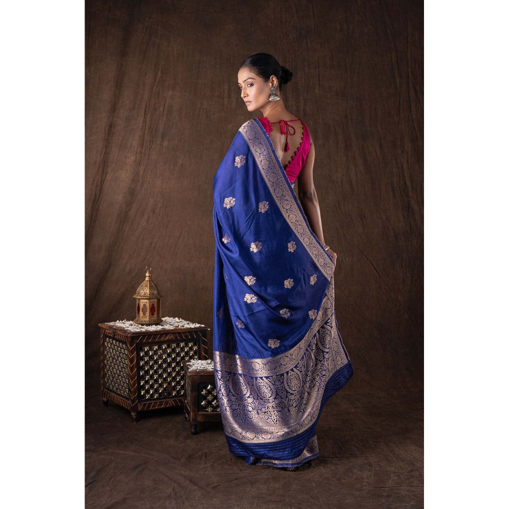 Zal from Benaras Dark Blue Pure Katan Silk Banarasi Handloom Saree without Blouse