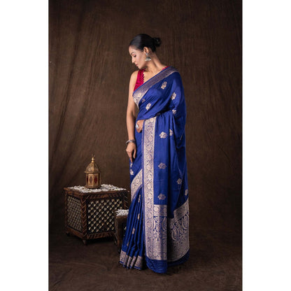 Zal from Benaras Dark Blue Pure Katan Silk Banarasi Handloom Saree without Blouse