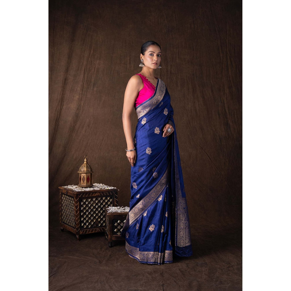 Zal from Benaras Dark Blue Pure Katan Silk Banarasi Handloom Saree without Blouse