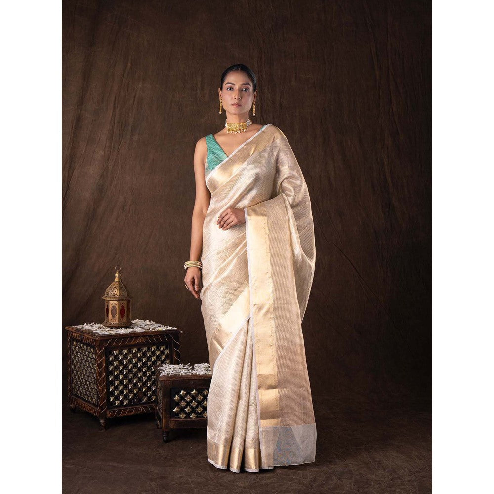 Zal from Benaras Golden Pure Katan Silk Banarasi Handloom Saree without Blouse