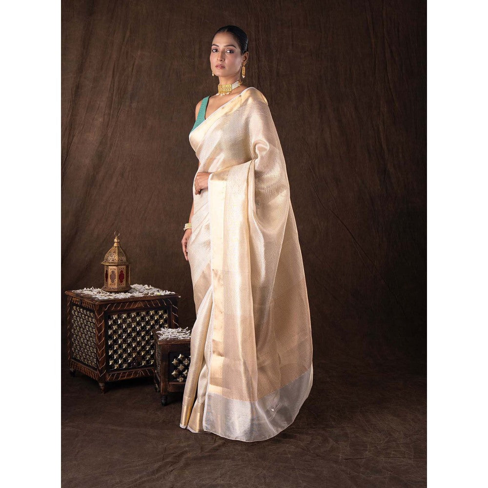 Zal from Benaras Golden Pure Katan Silk Banarasi Handloom Saree without Blouse