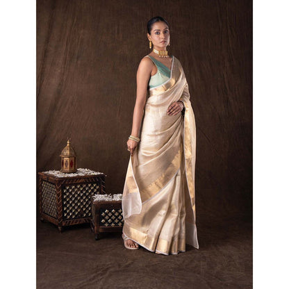 Zal from Benaras Golden Pure Katan Silk Banarasi Handloom Saree without Blouse