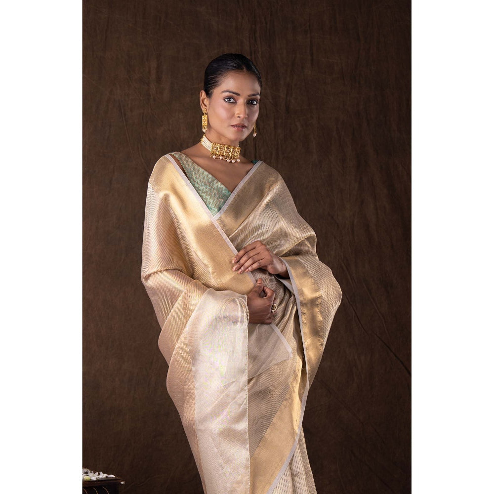 Zal from Benaras Golden Pure Katan Silk Banarasi Handloom Saree without Blouse