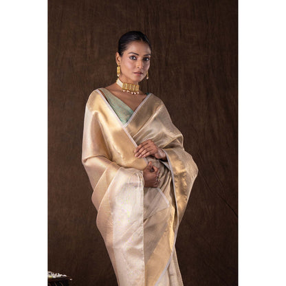 Zal from Benaras Golden Pure Katan Silk Banarasi Handloom Saree without Blouse