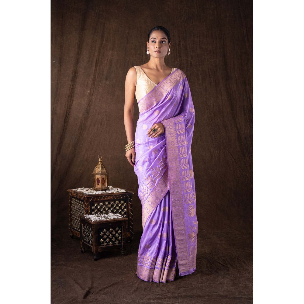 Zal from Benaras Lavender Pure Monga Silk Banarasi Handloom Saree without Blouse