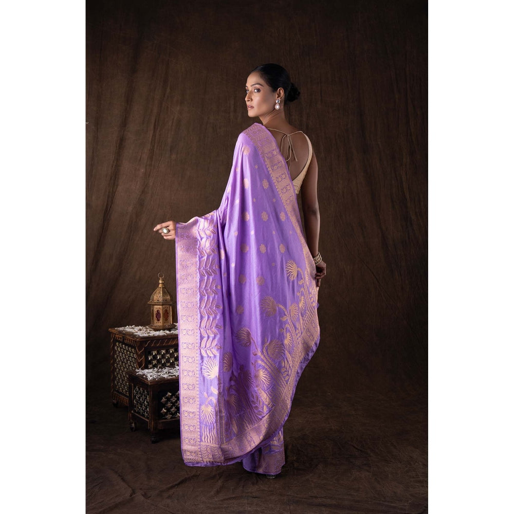 Zal from Benaras Lavender Pure Monga Silk Banarasi Handloom Saree without Blouse