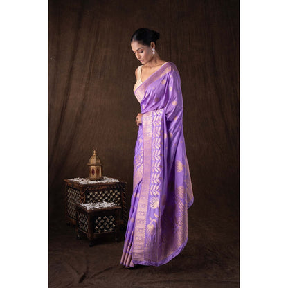 Zal from Benaras Lavender Pure Monga Silk Banarasi Handloom Saree without Blouse