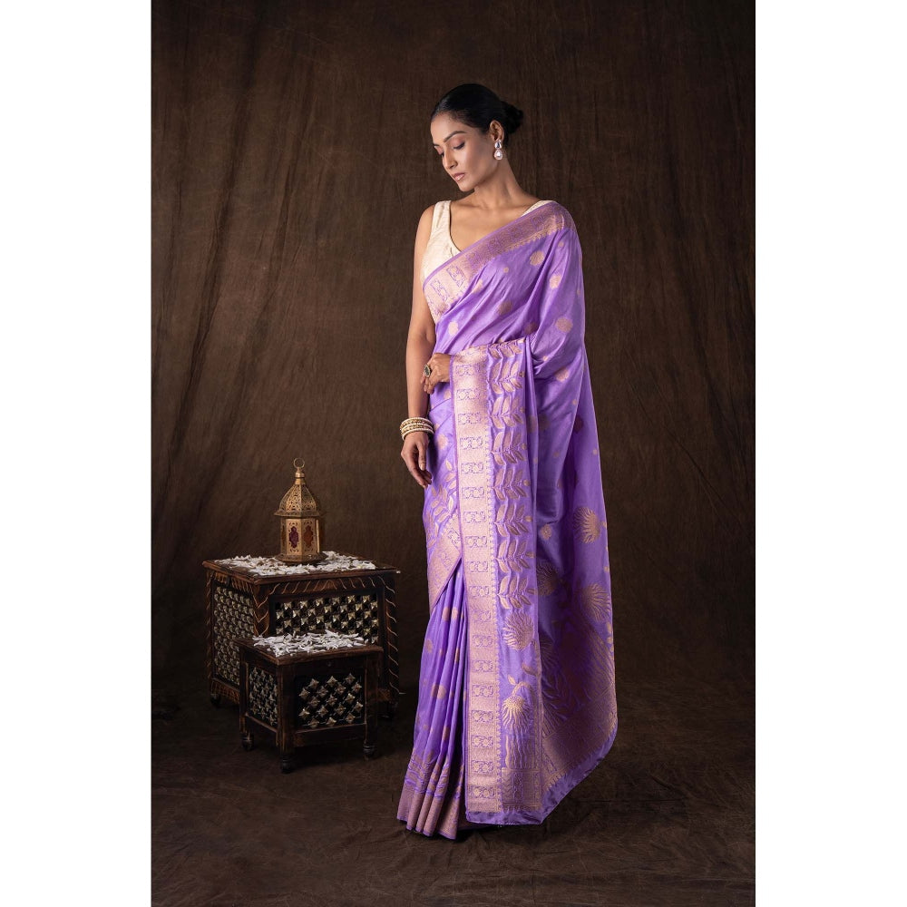 Zal from Benaras Lavender Pure Monga Silk Banarasi Handloom Saree without Blouse