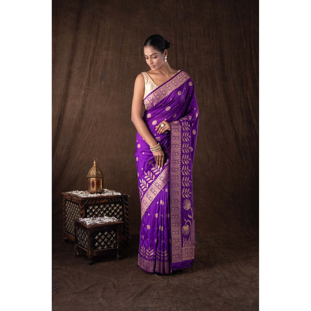 Zal from Benaras Purple Pure Monga Silk Banarasi Handloom Saree without Blouse