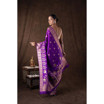 Zal from Benaras Purple Pure Monga Silk Banarasi Handloom Saree without Blouse