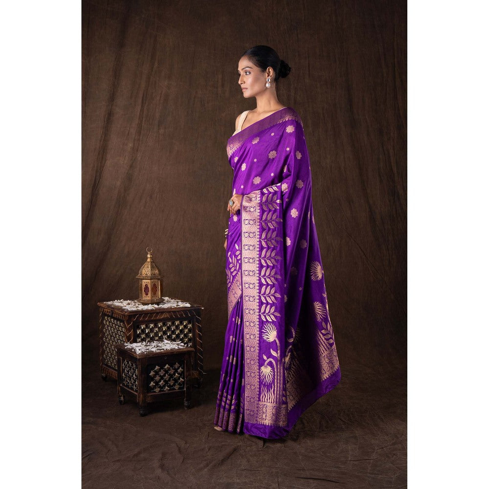 Zal from Benaras Purple Pure Monga Silk Banarasi Handloom Saree without Blouse