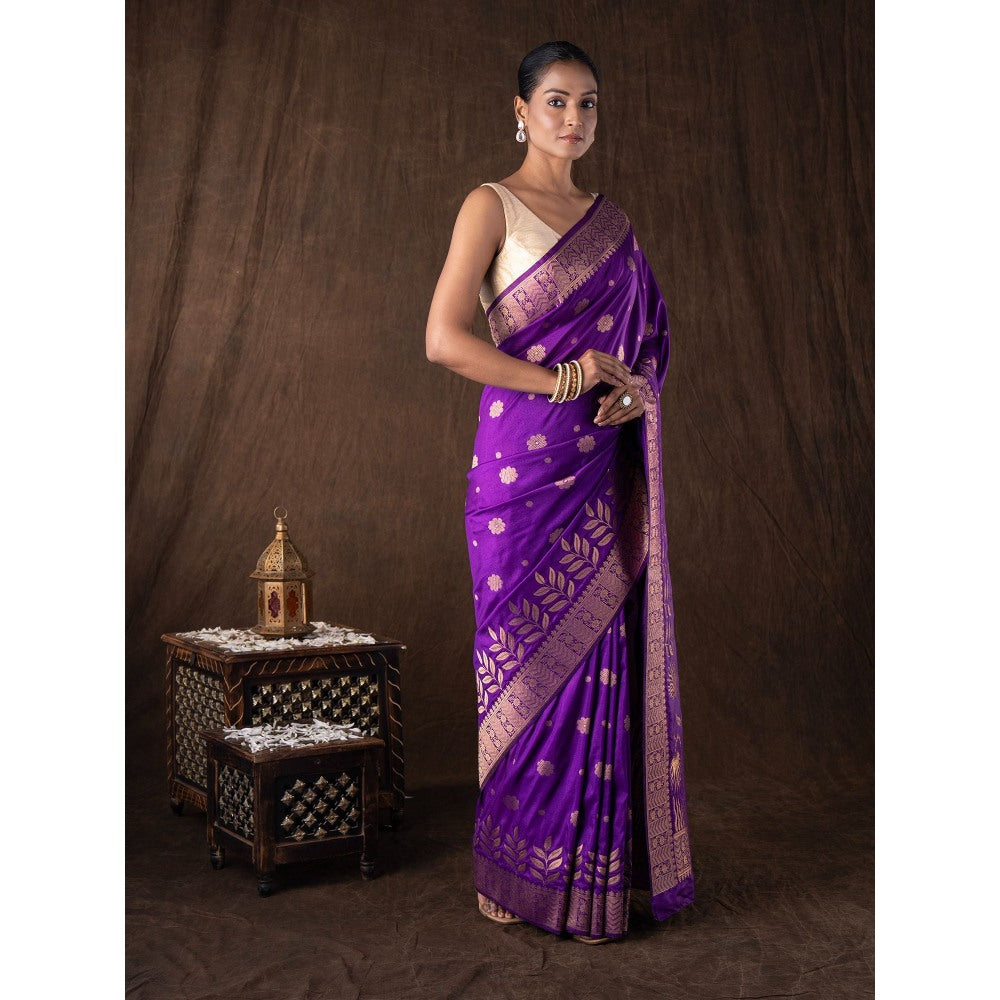 Zal from Benaras Purple Pure Monga Silk Banarasi Handloom Saree without Blouse