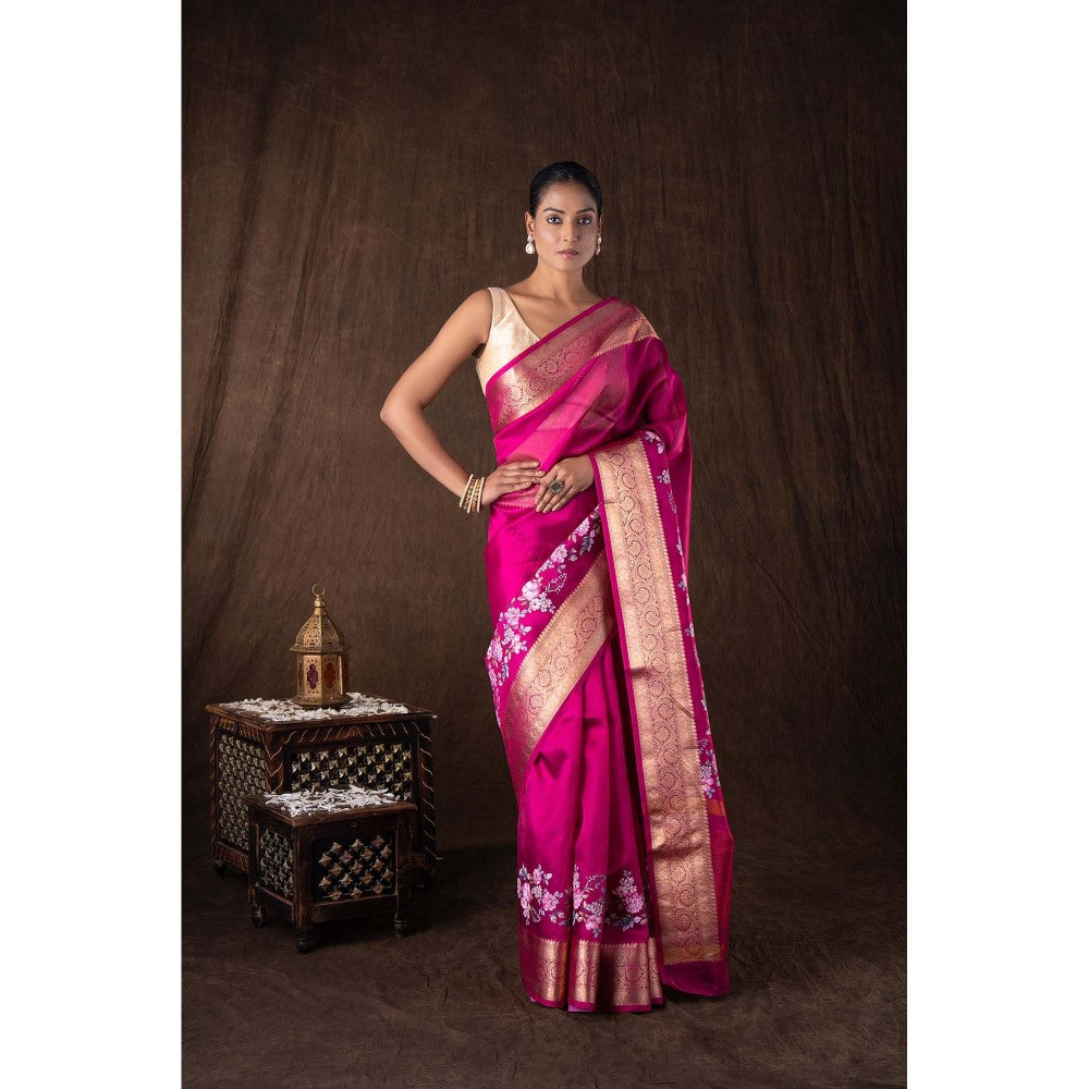 Zal from Benaras Pink Tissue Silk Digital Print Banarasi Handloom Saree without Blouse