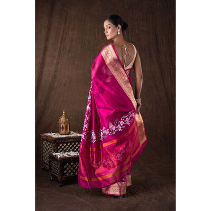 Zal from Benaras Pink Tissue Silk Digital Print Banarasi Handloom Saree without Blouse