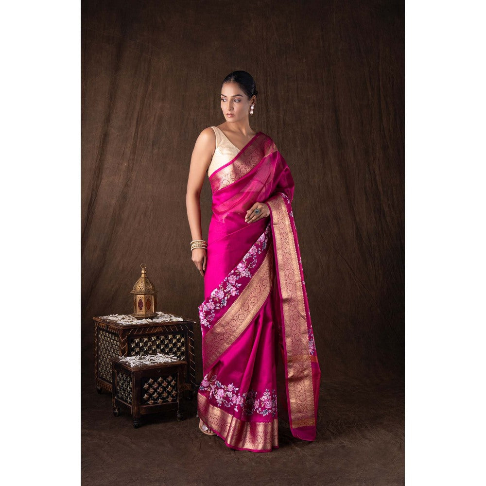 Zal from Benaras Pink Tissue Silk Digital Print Banarasi Handloom Saree without Blouse