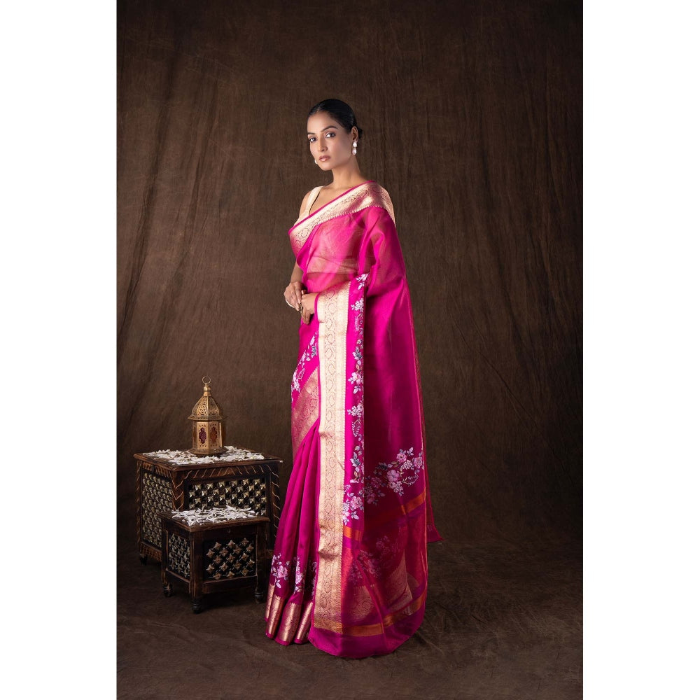 Zal from Benaras Pink Tissue Silk Digital Print Banarasi Handloom Saree without Blouse