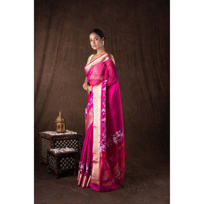 Zal from Benaras Pink Tissue Silk Digital Print Banarasi Handloom Saree without Blouse