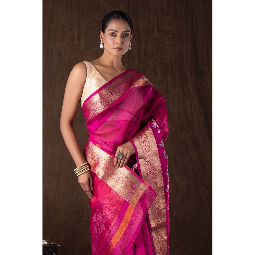 Zal from Benaras Pink Tissue Silk Digital Print Banarasi Handloom Saree without Blouse
