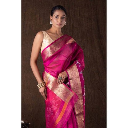 Zal from Benaras Pink Tissue Silk Digital Print Banarasi Handloom Saree without Blouse