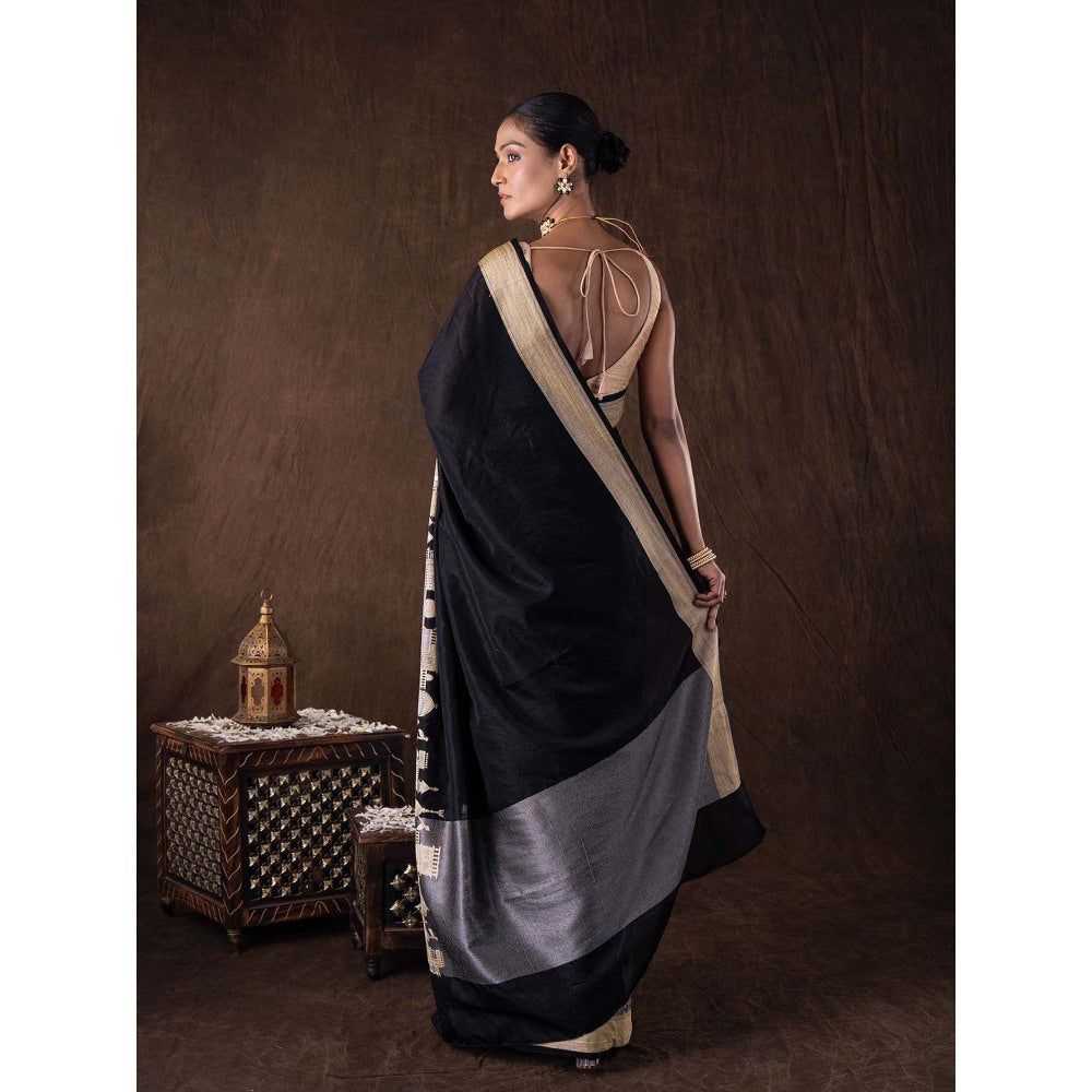 Zal from Benaras Black Kashi Pure Silk Banarasi Handloom Saree without Blouse