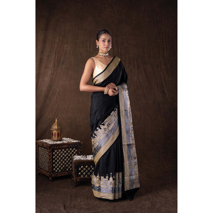 Zal from Benaras Black Kashi Pure Silk Banarasi Handloom Saree without Blouse