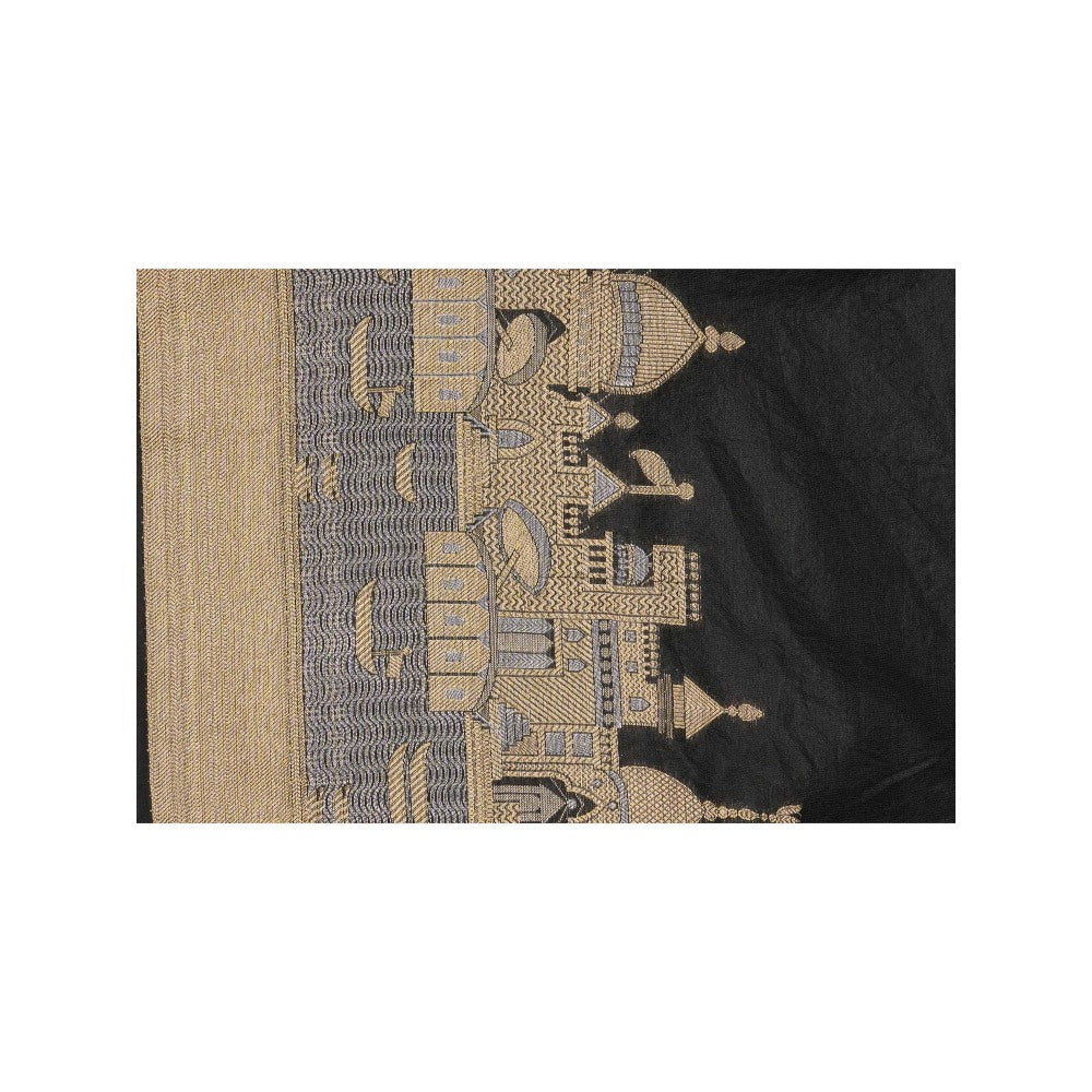 Zal from Benaras Black Kashi Pure Silk Banarasi Handloom Saree without Blouse