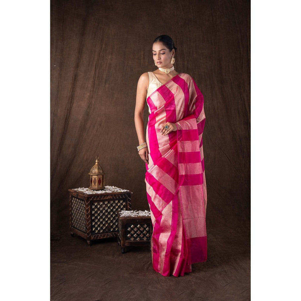 Zal from Benaras Pink Zari Stripe Moonga Tissue Silk Banarasi Handloom Saree without Blouse