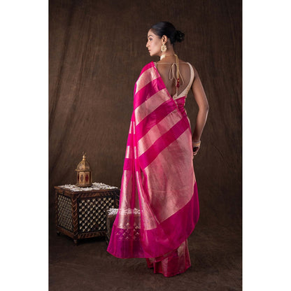 Zal from Benaras Pink Zari Stripe Moonga Tissue Silk Banarasi Handloom Saree without Blouse