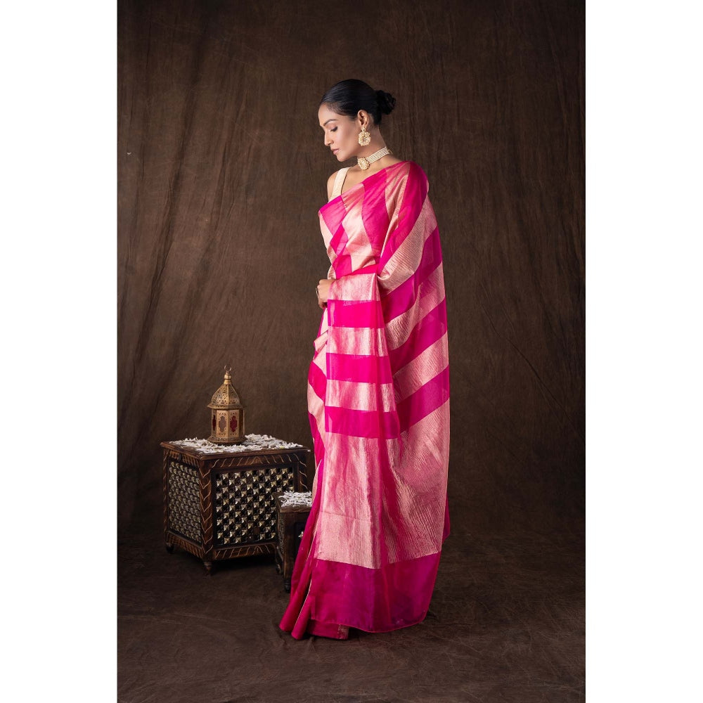 Zal from Benaras Pink Zari Stripe Moonga Tissue Silk Banarasi Handloom Saree without Blouse
