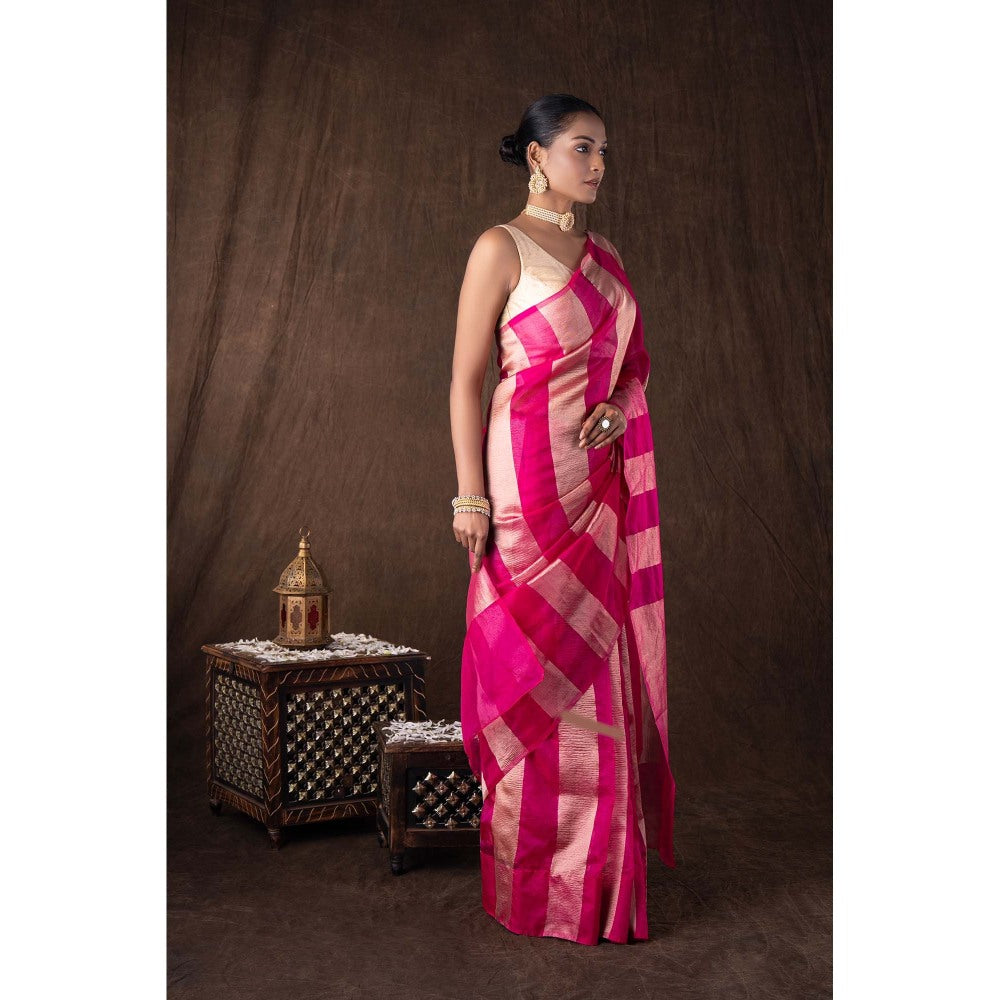 Zal from Benaras Pink Zari Stripe Moonga Tissue Silk Banarasi Handloom Saree without Blouse