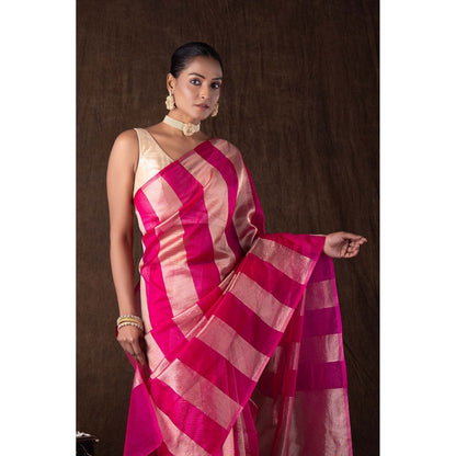 Zal from Benaras Pink Zari Stripe Moonga Tissue Silk Banarasi Handloom Saree without Blouse