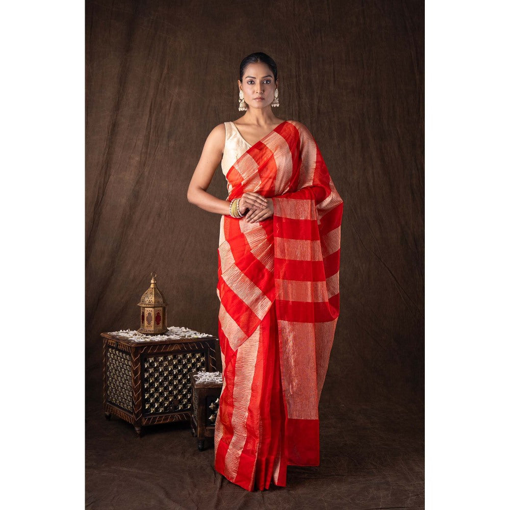 Zal from Benaras Red Zari Stripe Moonga Tissue Silk Banarasi Handloom Saree without Blouse