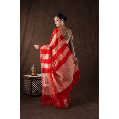 Zal from Benaras Red Zari Stripe Moonga Tissue Silk Banarasi Handloom Saree without Blouse