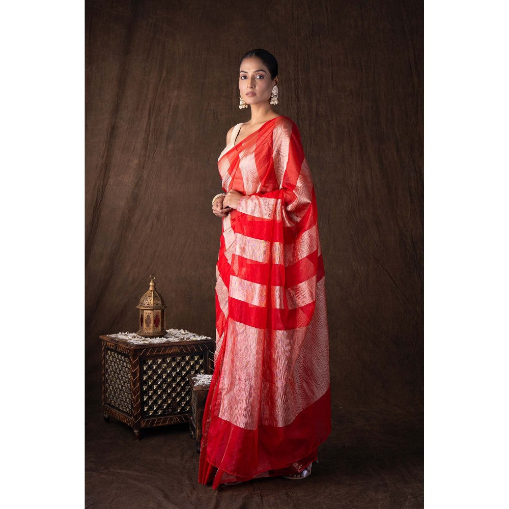Zal from Benaras Red Zari Stripe Moonga Tissue Silk Banarasi Handloom Saree without Blouse