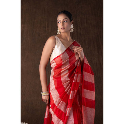 Zal from Benaras Red Zari Stripe Moonga Tissue Silk Banarasi Handloom Saree without Blouse