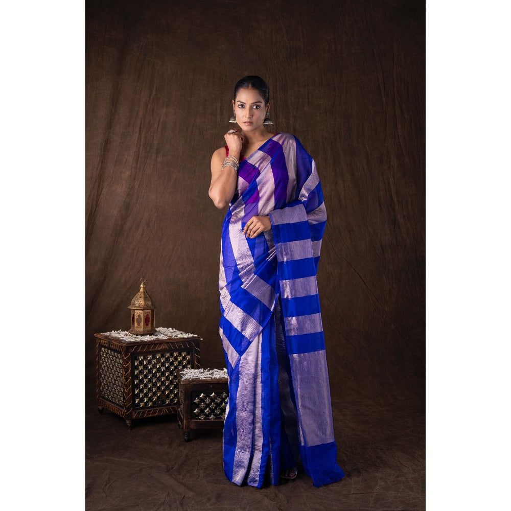 Zal from Benaras Blue Zari Stripe Moonga Tissue Silk Banarasi Handloom Saree without Blouse