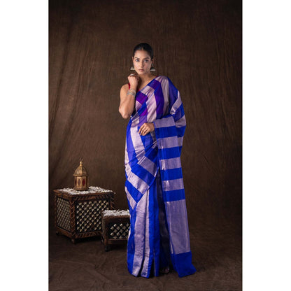 Zal from Benaras Blue Zari Stripe Moonga Tissue Silk Banarasi Handloom Saree without Blouse