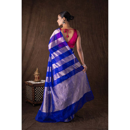 Zal from Benaras Blue Zari Stripe Moonga Tissue Silk Banarasi Handloom Saree without Blouse