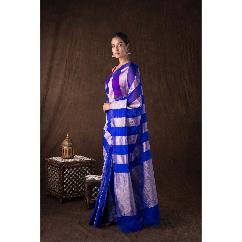 Zal from Benaras Blue Zari Stripe Moonga Tissue Silk Banarasi Handloom Saree without Blouse