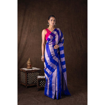 Zal from Benaras Blue Zari Stripe Moonga Tissue Silk Banarasi Handloom Saree without Blouse